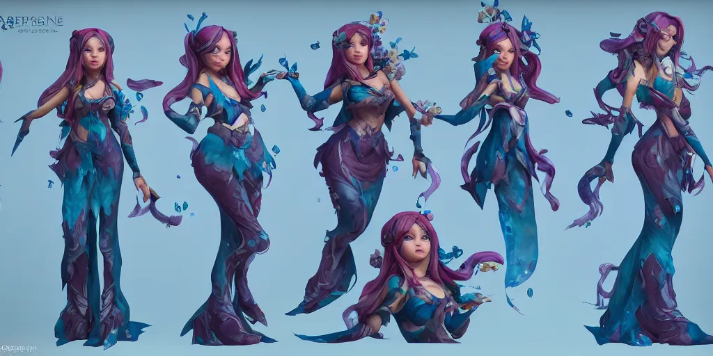 Image similar to Character sheet of gorgeous ocean song seraphine (League of Legends). 3d render, octane render, game art, realistic, highly detailed, trending on artstation, 4k, trending on artstation, pixar, cgsociety, unreal engine 5, redshift render, trending on artstation, blender, behance, cg