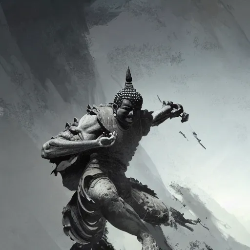 Image similar to a Buddha made of stone fighting a dragon, action painting, dramatic lighting, illustration by Greg rutkowski, yoji shinkawa, 4k, digital art, concept art, trending on artstation