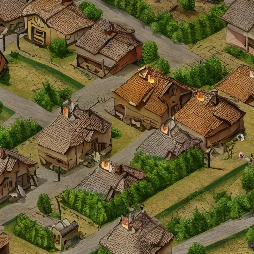 Image similar to a high definition depiction of a village infested by spiral shapes