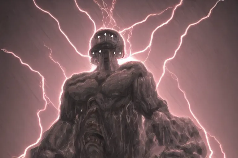 Image similar to misery lightning golem, art by tony diterlizzi, trending on artstation, dramatic lighting closeup view photoshop, daguerreotype, synthwave, gothic, de stijl