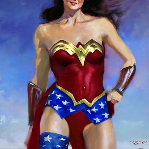 Image similar to portrait of Lynda Carter as Wonder Woman in the morning sun, Danile Gerhartz, oil painting