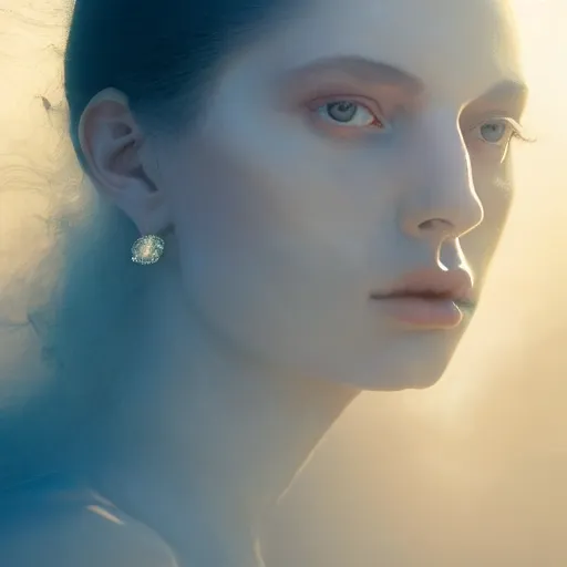 Image similar to photographic portrait of a stunningly beautiful renaissance female in soft dreamy light at sunset, gigantic crystals and smoke, and dust, contemporary fashion shoot, by edward robert hughes, annie leibovitz and steve mccurry, david lazar, jimmy nelsson, breathtaking, 8 k resolution, extremely detailed, beautiful, establishing shot, artistic, hyperrealistic, beautiful face, octane render