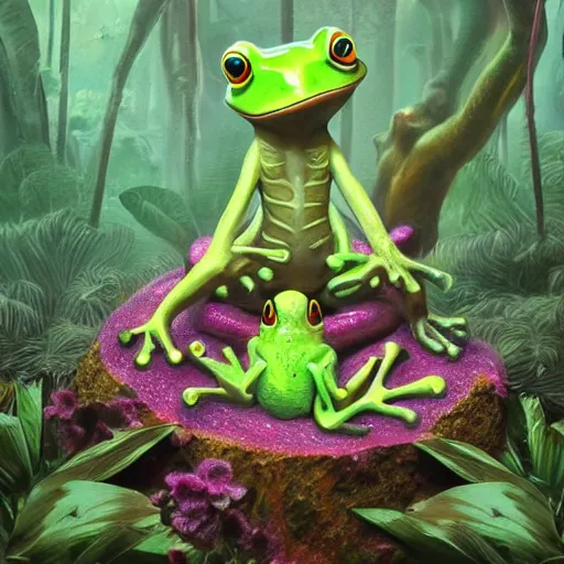 Prompt: A frog statue buried in a pink forest, full of tropical plants, ,digital art, well detailed, Lovecraft, horror, creepy, 8k