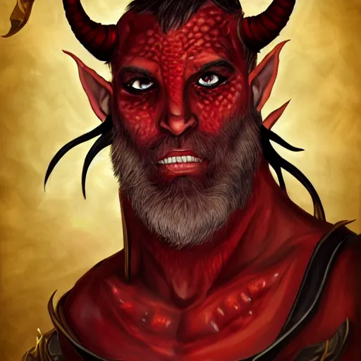 Image similar to dnd style portrait of a tiefling, male, red scales, red skin, a big black beard, completely golden eyes, 2 black ram horns growing out of his forehead,