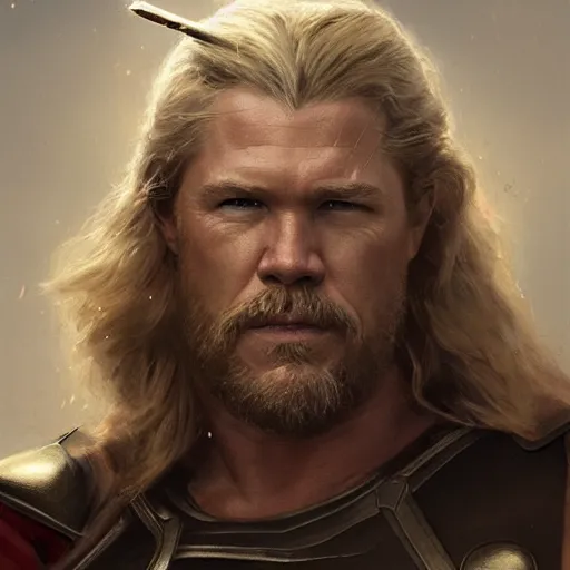 Image similar to A portrait of Josh Brolin as thor, Thor art, art by greg rutkowski, matte painting, trending on artstation