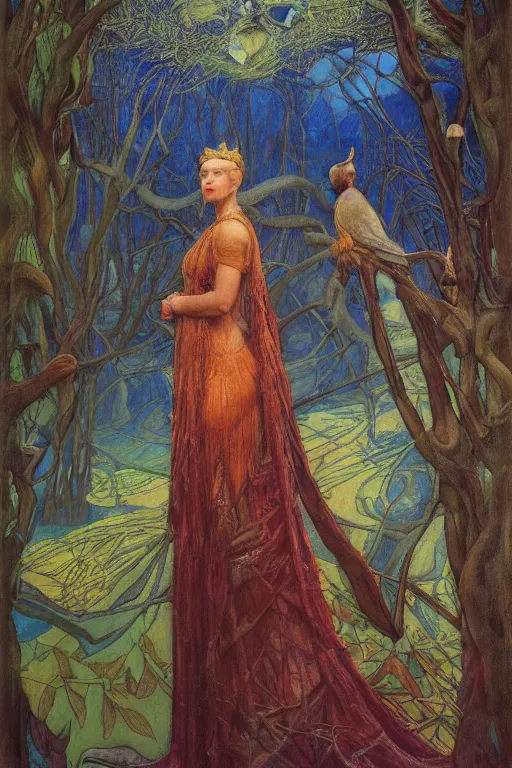 Image similar to the queen of the forest with her birds, by Annie Swynnerton and jean delville and Nicholas Roerich and Tino Rodriguez, elaborately costumed, rich color, dramatic cinematic lighting, smooth, sharp focus, extremely detailed, featured on artstation