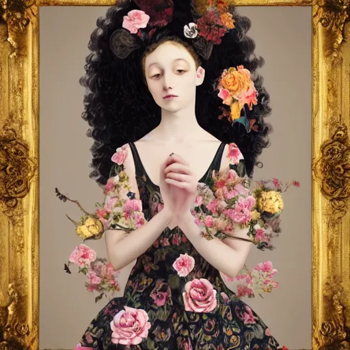 Image similar to 8k, octane render, realism, tonalism, renaissance, rococo, baroque, portrait of a young lady wearing long harajuku manga dress with flowers and skulls, background chaotic gold leaf flowers