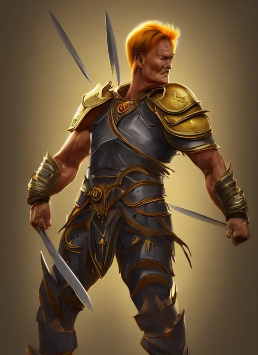 Image similar to profile of conan o'brien as a paladin with short blond hair and big muscles, yellow hair, casting a protection spell, cell shaded, octane, trending on artstation