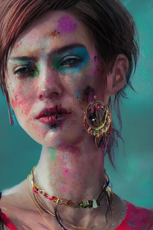 Image similar to A portrait of a women wearing colourful jewelry by Greg Rutkowski, Sung Choi, Mitchell Mohrhauser, Maciej Kuciara, Johnson Ting, Maxim Verehin, Peter Konig, Resident evil , 8k photorealistic, cinematic lighting, HD, high details, dramatic, atmospheric , trending on artstation