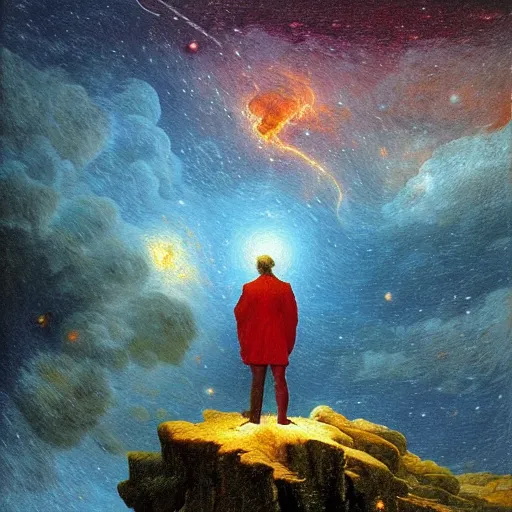 Image similar to an impasto oil painting of a futuristic wanderer gazing into a universe full of mystical colorful light nebulae and galaxie spainted by caspar david friedrich, pastel color scheme