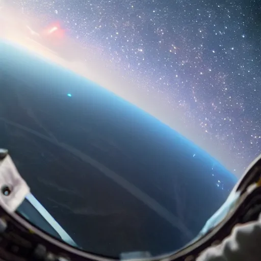 Prompt: Go pro photography of an astronaut that had been ejected from the spacecraft in orbit , high detailed galaxy in the back ground , earth in the distance