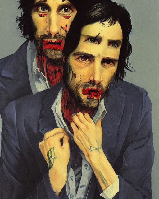 Prompt: a painting of two beautiful but sinister men wearing oxford shirts in layers of fear, with haunted eyes and dark hair, 1 9 7 0 s, seventies, wallpaper, a little blood, moonlight showing injuries, delicate embellishments, painterly, offset printing technique, by brom, robert henri, walter popp