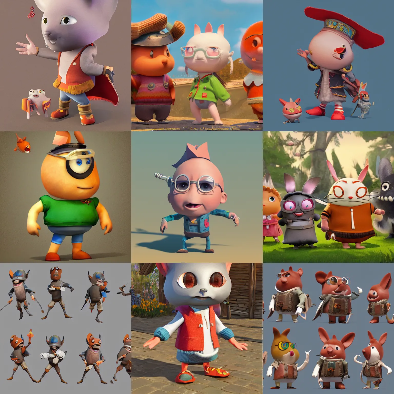 Prompt: a lighthearted character design for mmo game by richard scarry, pixar, kazuo oga, ghibli, yoshiyuki tomino, n. c. wyeth, aardman animations, otl archer, unreal engine 5, zbrush, low poly, simplfied, exaggerated, charicature