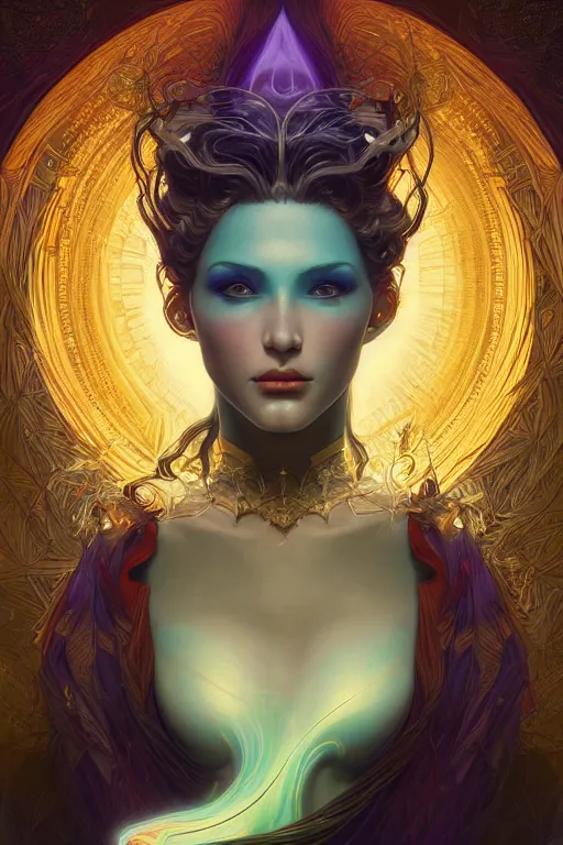 Image similar to portrait of a beautiful sorceress by artgerm, symmetrical, vivid color, complementary color, golden ratio, detailed, sharp lines, sharp focus, intricate, rainbowshift, by maxfield parrish, by peter mohrbacher, by gustave dore, by alphonse mucha, deviantart, octane render