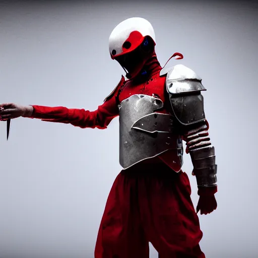 Prompt: a young man with full body armor white and red with a sword, battling killer, creepy, death, demon, horrifying, dead, arm gets chopped off, dramatic lighting, cinematic, 8k, hyperrealistic, detailed, depth, vray