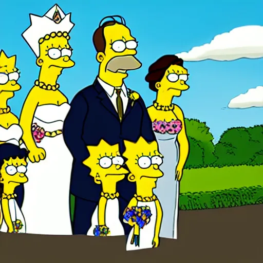 Prompt: a beautiful scrinshort of wedding couple in style of simpsons cartoon, coherent symmetrical faces