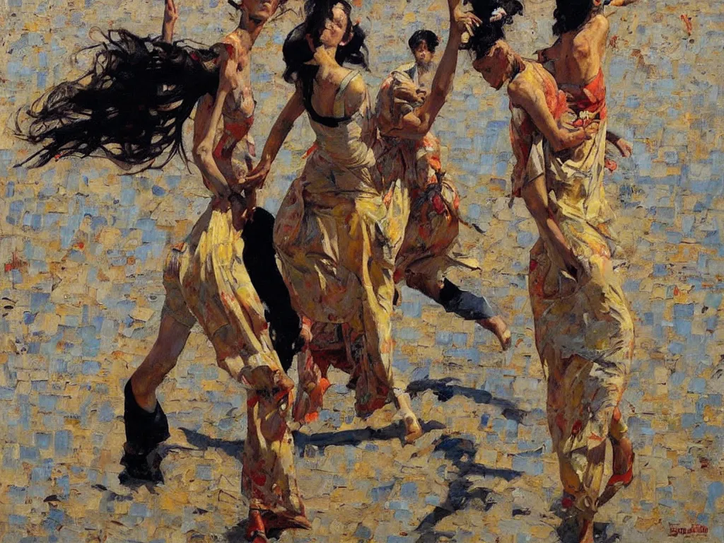 Prompt: tall woman dancing, heatwave, Denis sarazhin, oil on canvas