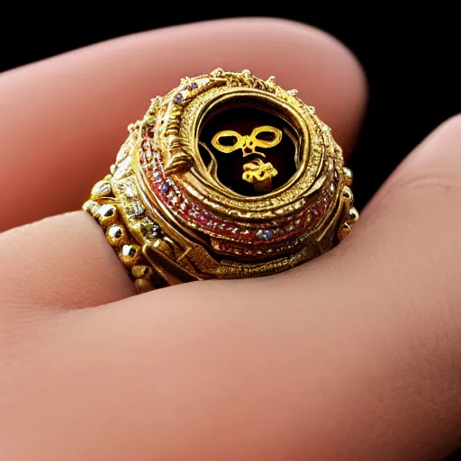 Image similar to complex golden ring with cameo and gems on the female model hand with bust with a cyberpunk style, 8k, details