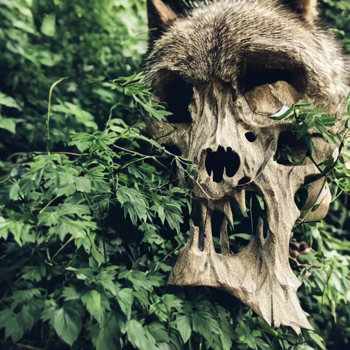 Image similar to overgrown foliage taking over a realistic furry wolf skull, close - up, 3 5 mm, f 1. 8, bokeh, beautiful, lens flare, emotional, sweet, flowers, detailed, picture, trending on artstation, award - winning, shiny, golden