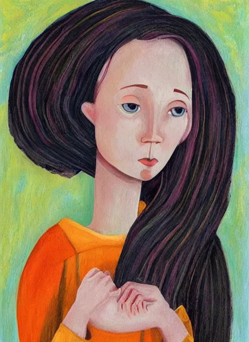 Prompt: a wonderful childrens illustration book portrait painting of a woman, art by tracie grimwood, colorful, whimsical, aesthetically pleasing and harmonious natural colors