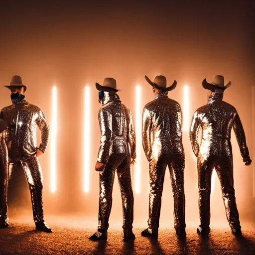 Image similar to unsplash contest winning photo, a giant crowd of men in full - body shiny reflective silver latex suits including masks and pants and shirts, inside a colorful dramatic unique rocky western landscape, low fog, neon light tube