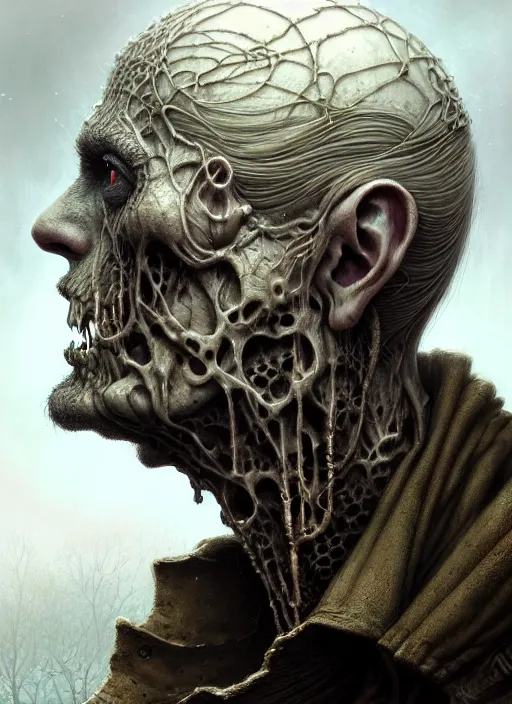 Image similar to portrait side profile shot of a pale blind zombie, a scenic dystopian environment, intricate, elegant, highly detailed, centered, digital painting, artstation, concept art, smooth, sharp focus, illustration, artgerm, tomasz alen kopera, peter mohrbacher, donato giancola, joseph christian leyendecker, wlop, boris vallejo