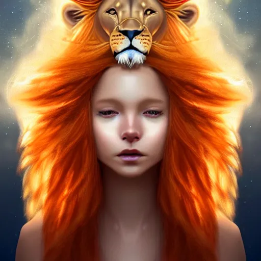 Image similar to Portrait of a girl angel with pale orange colored frizzy strands of illuminated hair, Lion essence, cat ears on her head, glowing halo, Lion's Mane, Cosmic, Lion's Gate, 8/8, fantasy, intricate, elegant, highly detailed, digital painting, artstation, concept art, smooth, sharp focus, illustration, art by Krenz Cushart and Artem Demura and alphonse mucha