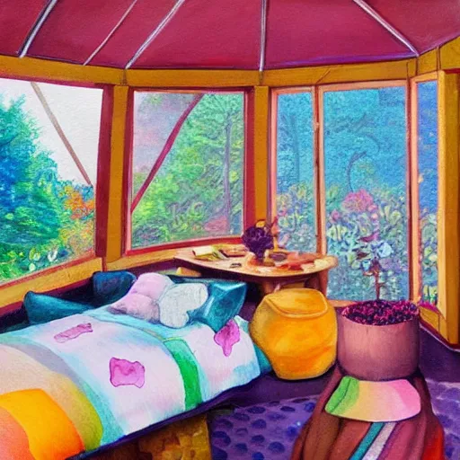 Image similar to interior of cozy queer geodesic dome bedroom with flowers, iridescent windows, hyperrealistic fine art gouache painting