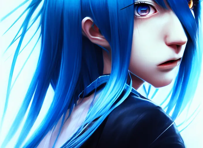 Image similar to full face shot of rimuru tempest, sky blue straight hair, long bangs, with amber eyes, wearing a black jacket, high collar, ultra detailed, concept art, award winning photography, digital painting, cinematic, wlop artstation, closeup, pixiv, evil, yoshitaka amano, andy warhol, ilya kuvshinov,