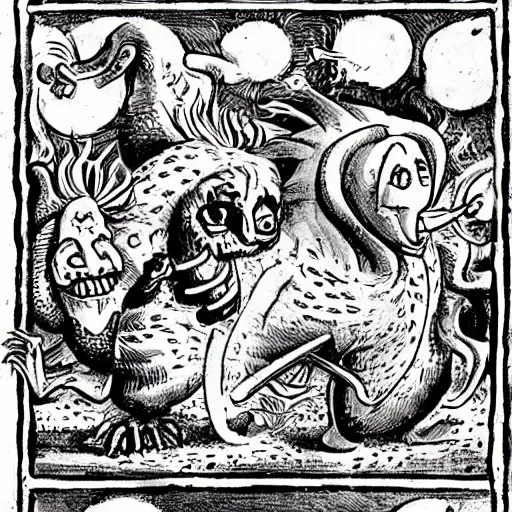 Image similar to medieval bestiary of repressed emotion monsters and creatures starting a fiery revolution in the psyche, in the style of vintage black and white Fleischer cartoons