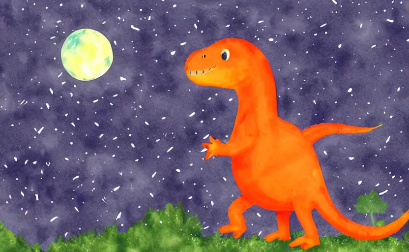 Image similar to a friendly orange dinosaur walking in the forest at night, moon, stars, water color, digital art