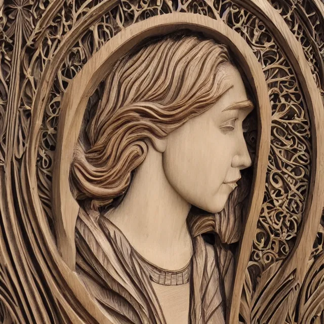 Prompt: a 3 d bas - relief wooden art nouveau carved sculpture of a young molly ringwald with long hair blowing in the wind, in front of a delicate tracery pattern, intricate and highly detailed, well - lit, ornate, realistic