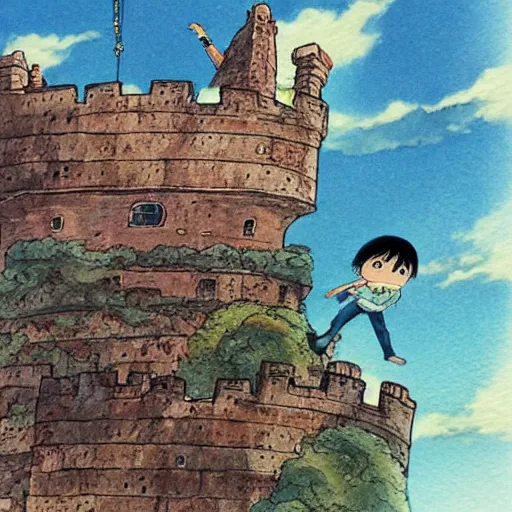 Image similar to laputa castle in the sky hayao miyazaki flying high in the sky, watercolor illustration for a book