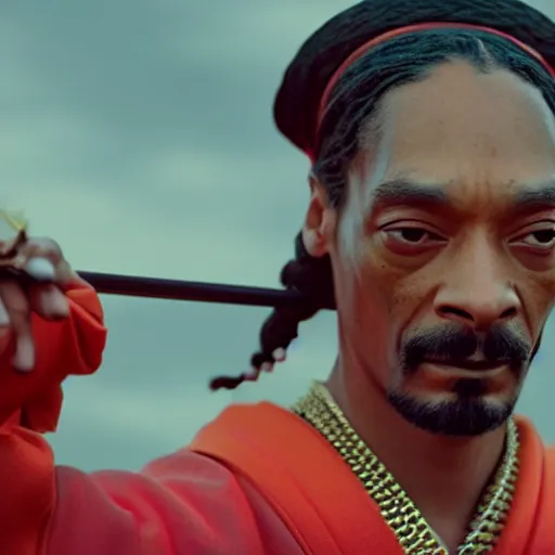 Image similar to cinematic film still of Snoop Dogg starring as a Samurai holding fire, Asian CGI, VFX, 2022, 40mm lens, shallow depth of field, film photography