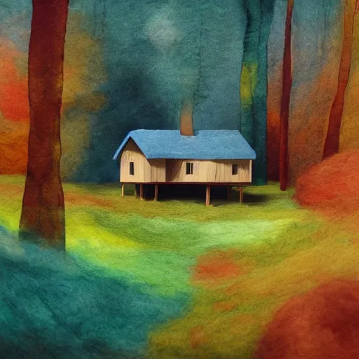 Image similar to small wooden house in the middle of spring forest, bright colours, watercolor, volumetric wool felting, macro photography, children illustration, by dan mcpharlin