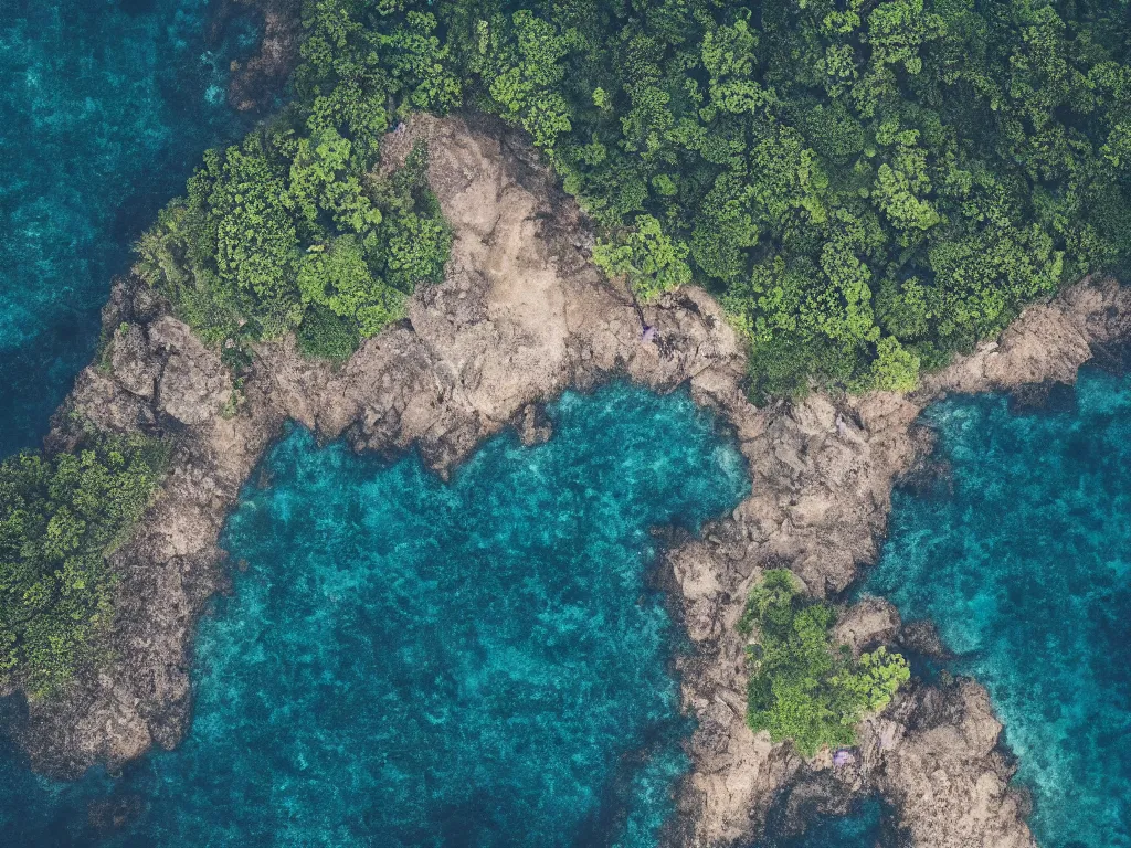 Prompt: dreamy aerial view of a secluded island, highly detailed, drone photography, landscape photography, photorealism, smooth 4k