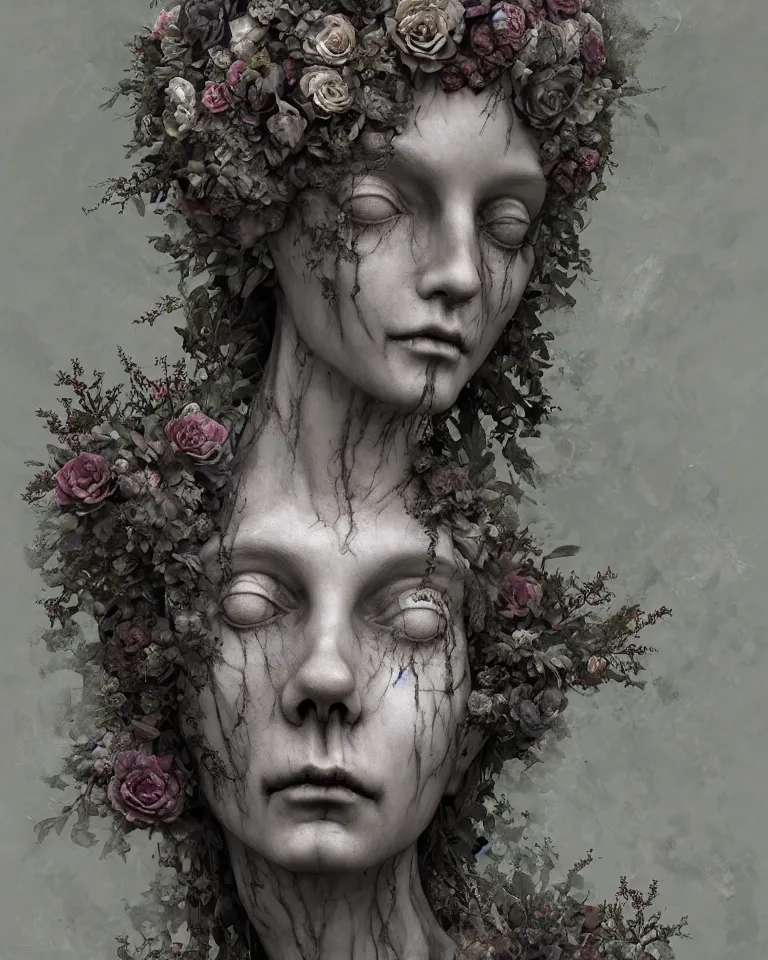 Image similar to a digital painting of the face of a gothic cemetery statue made of mist and flowers, Andrew Ferez, Charlie Bowater, Marco Mazzoni, Seb McKinnon, Ryohei Hase, Alberto Seveso, Kim Keever, trending on cgsociety, featured on zbrush central, new sculpture, mystical