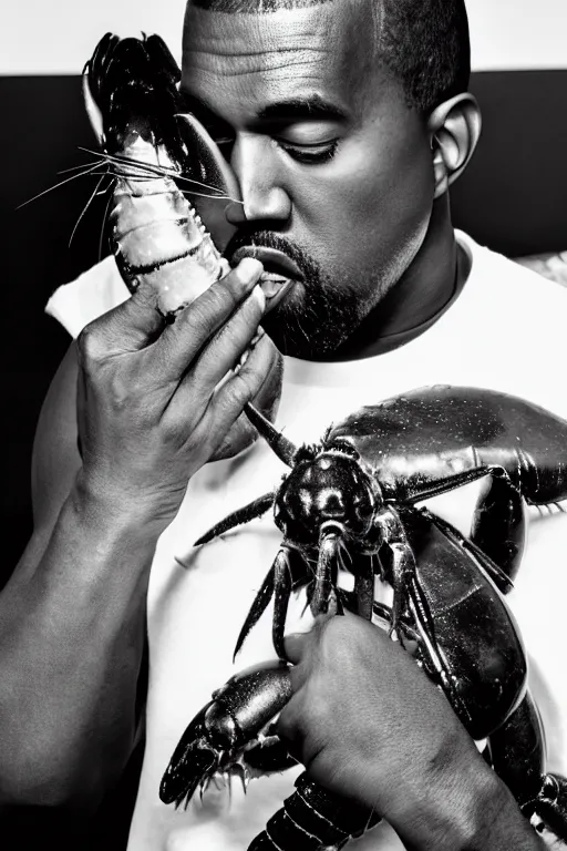 Image similar to kanye west with a giant crustacean crawling out of his mouth black and white photograph 50mm