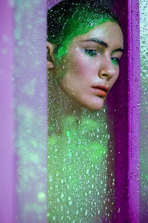 Image similar to close up of a models face looking out a window on a rainy night photographed by Mark Seliger, rain drops on window, rain, green and purple hair, photo realistic, uplight, nighttime, city light reflections