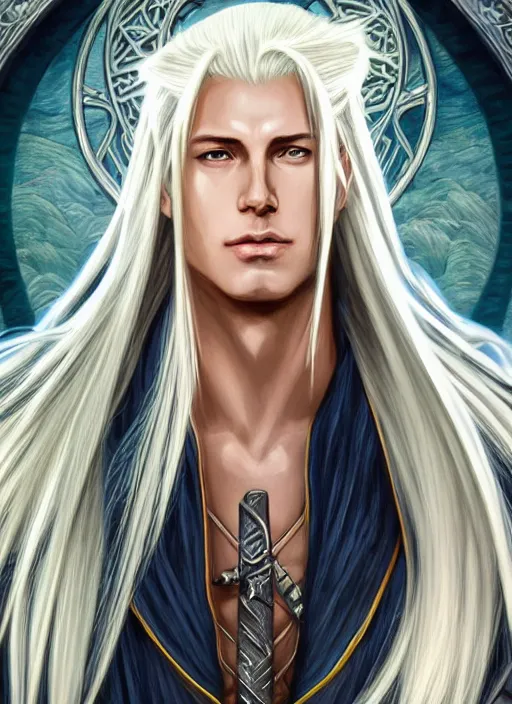 Image similar to centered portrait, Sephiroth as a male D&D Ranger, blonde hair, Art Nouveau, beautiful retro Fantasy heroine 1985, intricate, elegant, highly detailed, centered, digital painting, trending on artstation, concept art, smooth, sharp focus, illustration, art by raphael lacoste, eddie mendoza, Mucha, alex ross, WLOP