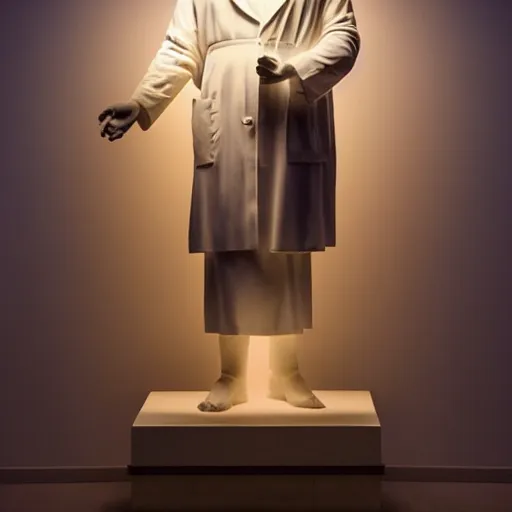 Prompt: of a full body photo of a large classical sculpture of a doctor wearing glasses and a doctor's coat, statue drapery modeled, top volumetric lighting, soothing light, divine mood, beautiful sentitive gesture pose, colored lights with depth of field