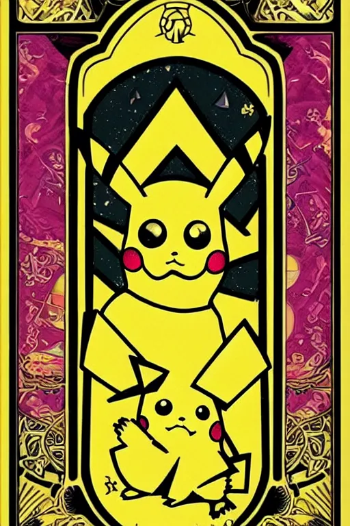 Image similar to Pikachu tarot card, art nouveau style, ornate borders, intricate details, trending on artstation