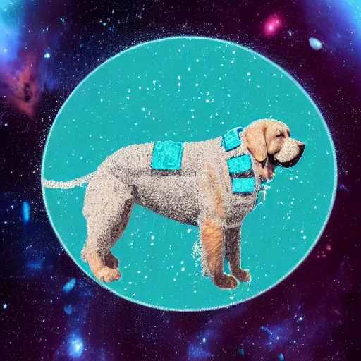 Image similar to a photograph of a huge dog in space made of turquoise colored crystals