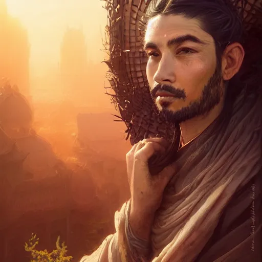 Prompt: Hyper realistic detailed portrait of a Kurdish!!!!!!!!! samurai, Stephen Bliss, unreal engine, fantasy art by Greg Rutkowski, Loish, Rhads, ferdinand knab, Makoto Shinkai and Lois van baarle, ilya kuvshinov, rossdraws, Tom Bagshaw, alphonse mucha, global illumination, radiant light, detailed and intricate environment, highly detailed, award winning art