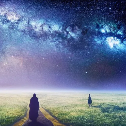 Image similar to dreamy vision of ghosts walking through milky way galaxy, epic, cosmic