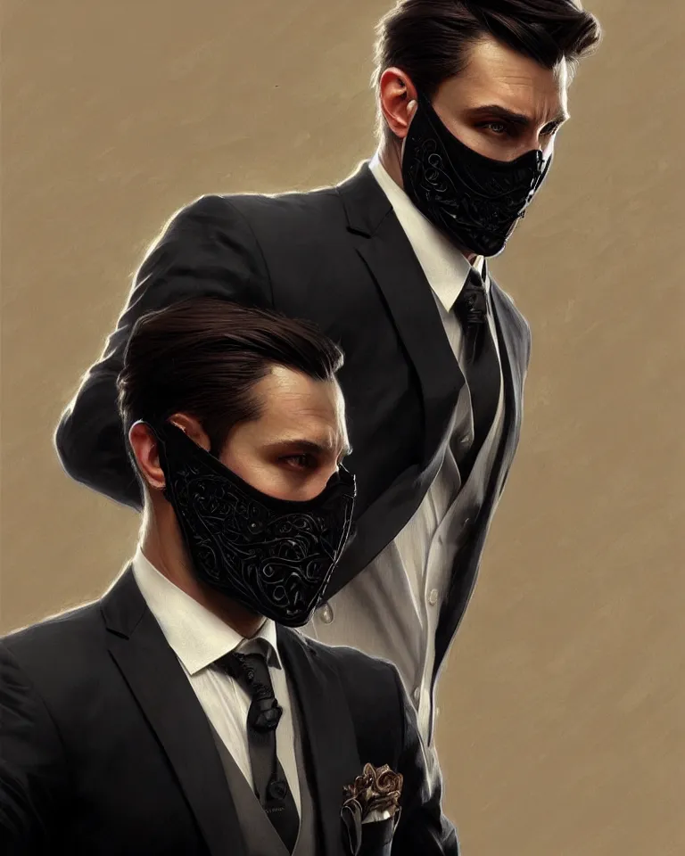 Image similar to ultra realistic illustration, a male with black mask, suit and tie, intricate, elegant, highly detailed, digital painting, artstation, concept art, smooth, sharp focus, illustration, art by artgerm and greg rutkowski and alphonse mucha