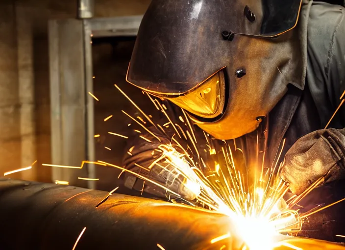 Image similar to welder in welding mask, hiding in drain pipe, ominous lighting