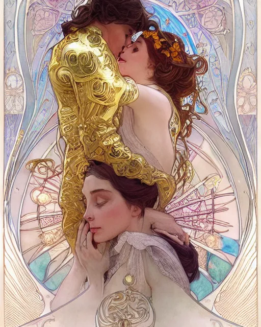 Image similar to the kiss | highly detailed | very intricate | art nouveau | gold filigree | romantic storybook fantasy | soft cinematic lighting | award - winning | disney concept art watercolor illustration by mandy jurgens and alphonse mucha and alena aenami | pastel color palette | featured on artstation