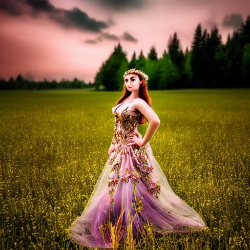 Image similar to photo of an extremely beautiful woman in ornate gown in an endless ethereal meadow, 4 k, hdr, smooth, sharp, focus, hyper realistic, high resolution, award - winning photo, bokeh, graflex camera, super resolution