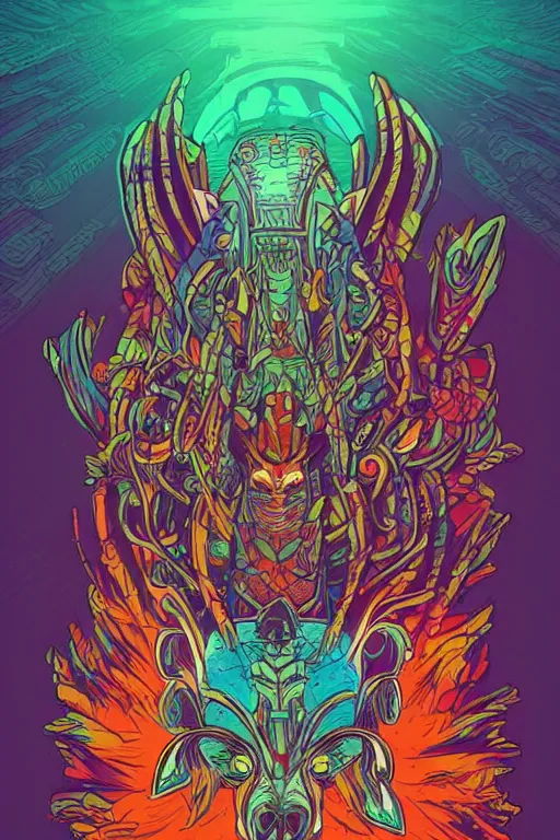 Image similar to totem animal tribal chaman vodoo mask feather gemstone plant wood rock video game illustration vivid color borderlands by josan gonzales and dan mumford radiating a glowing aura